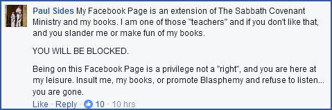 Paul Sides posted this rant based on his book The Nazarene by Rav Sha'ul, stating that people who oppose him will be blocked on Facebook.