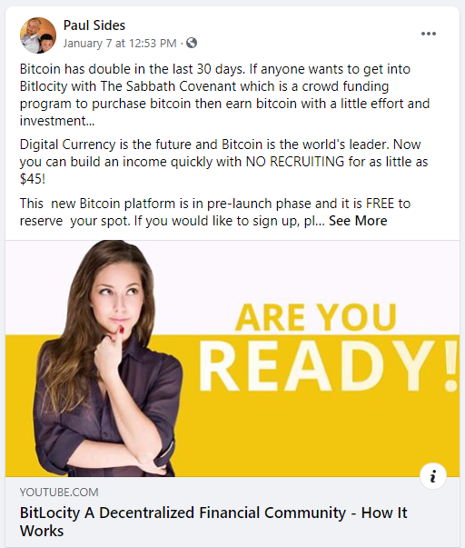 Paul Sides is promoting a pyramid scheme called BitLocity